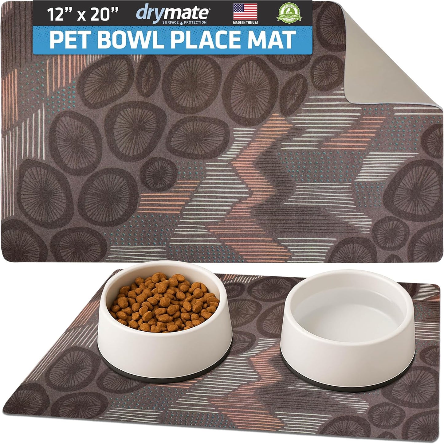 Drymate Pet Bowl Placemat, Dog & Cat Food Feeding Mat - Absorbent Fabric, Waterproof Backing, Slip-Resistant - Machine Washable/Durable (USA Made) (12” x 20”) (Indigo)