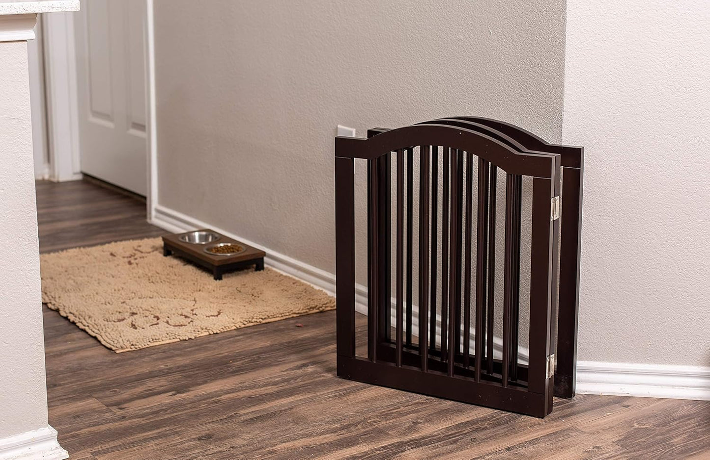 INTERNET'S BEST Arched Top Dog Gate | 4 Panel, 24" H Wooden Pet Barrier for Dogs or Cats | Freestanding Folding Room Divider for Doorways, Hallways, Stairs, and Porch | Portable, Extra Wide | Espresso
