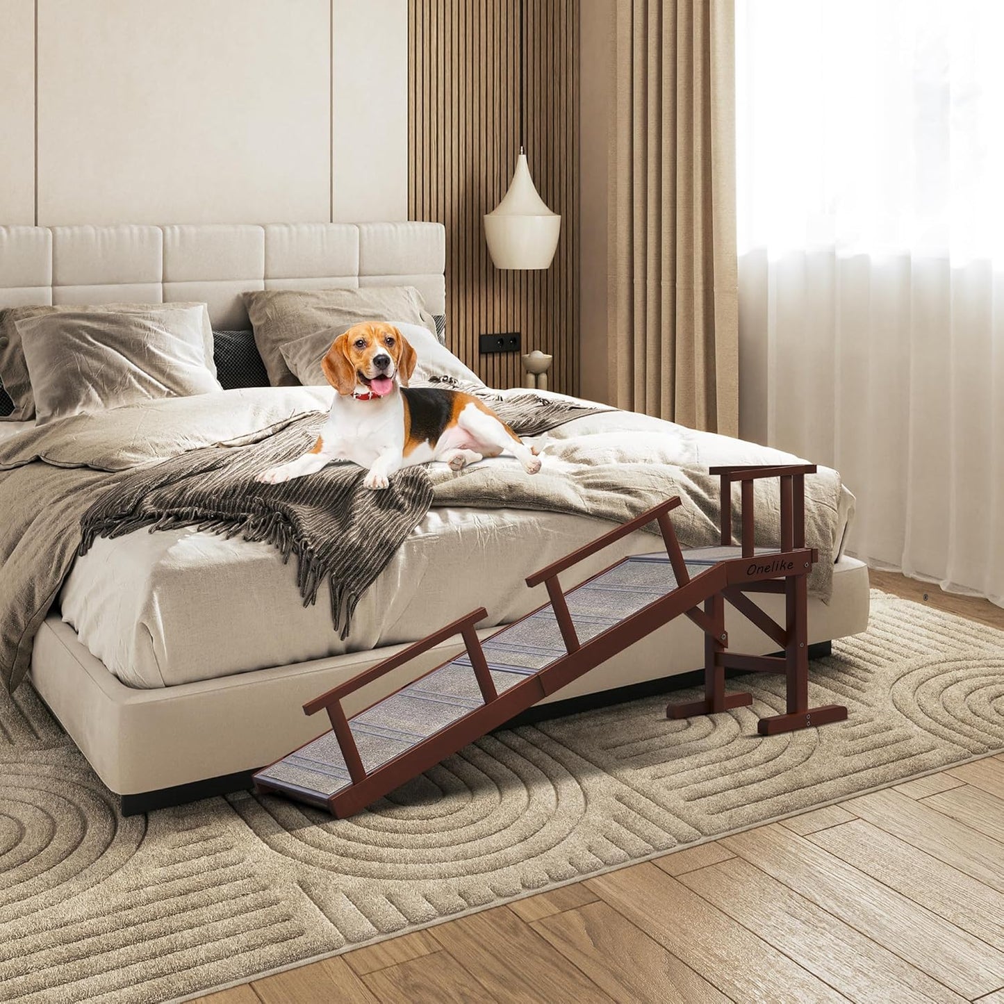 Onelike Wooden Dog Ramp for Bed with Removable Side Rail and Non-Slip Carpet, Stable Pet Ramp Stair for Couch Sofa for Small & Large & Senior Dogs, 74" Long Ramp Brown