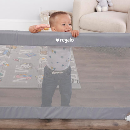 Regalo Safety 27.5-50” Extra Wide Mesh Baby Gate for Doorways & Hallways, Expandable Pressure Mounted Baby Gate for Toddlers & Pets, Includes Rubber Bumpers, Gray