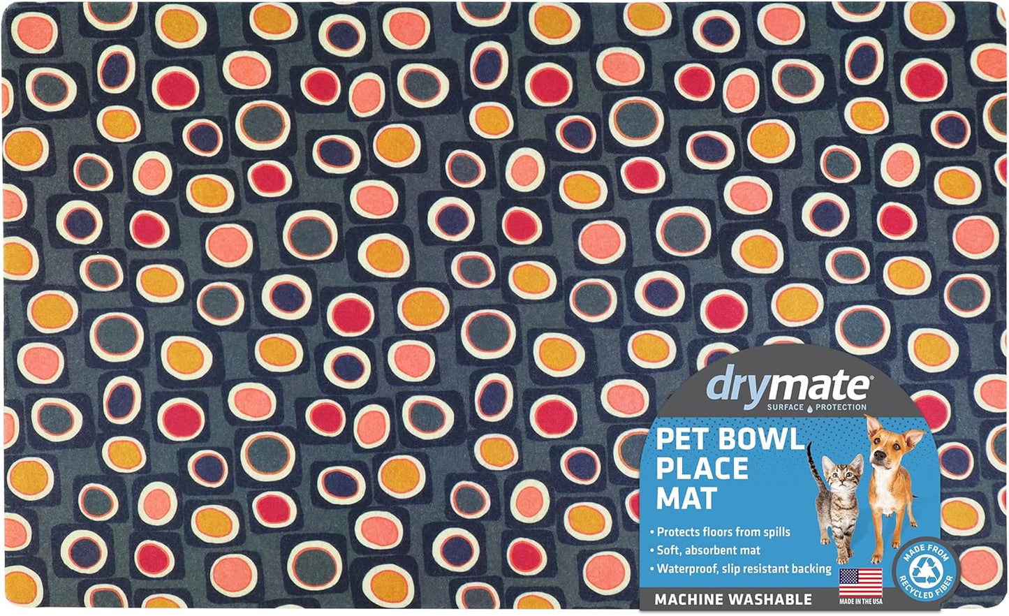 Drymate Pet Bowl Placemat, Dog & Cat Food Feeding Mat - Absorbent Fabric, Waterproof Backing, Slip-Resistant - Machine Washable/Durable (USA Made) (12” x 20”) (Indigo)