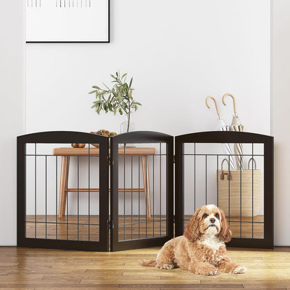 PAWLAND Free Standing Dog Gates for The House Stairs Doorways Indoor Foldable Wooden Small White Puppy Pet Gate Step Over Fence 60" W 24" H 3 Panels