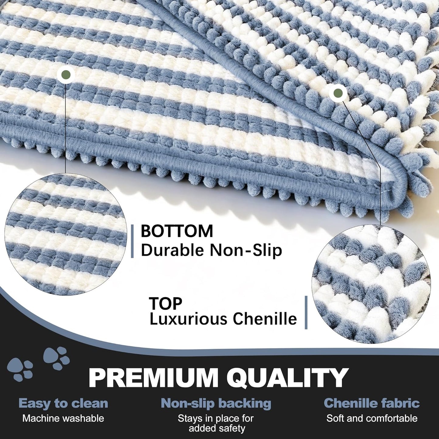 pobopobo Dog Door Mat for Muddy Paws - Absorbent & Washable Chenille Rug, Non-Slip Dirt Trapper for Indoor Outdoor Entryway, Quick Dry Pet Mat for Muddy Dogs (Striped Gray-Blue&White, 24" x 16")