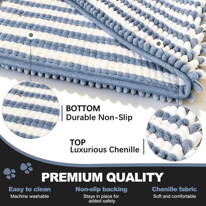 pobopobo Dog Door Mat for Muddy Paws - Absorbent & Washable Chenille Rug, Non-Slip Dirt Trapper for Indoor Outdoor Entryway, Quick Dry Pet Mat for Muddy Dogs (Striped Gray-Blue&White, 24" x 16")