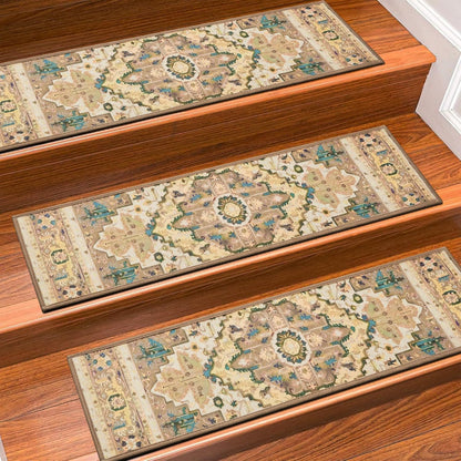 Stair Treads for Wooden Steps Indoor, 15 Pack 8" X 30" Non Slip Carpet Stair Treads with Reusable Adhesive for Kids Elders and Dogs, TPR Backing Stair Rugs Oriental Staircase Step Treads,Bohemia