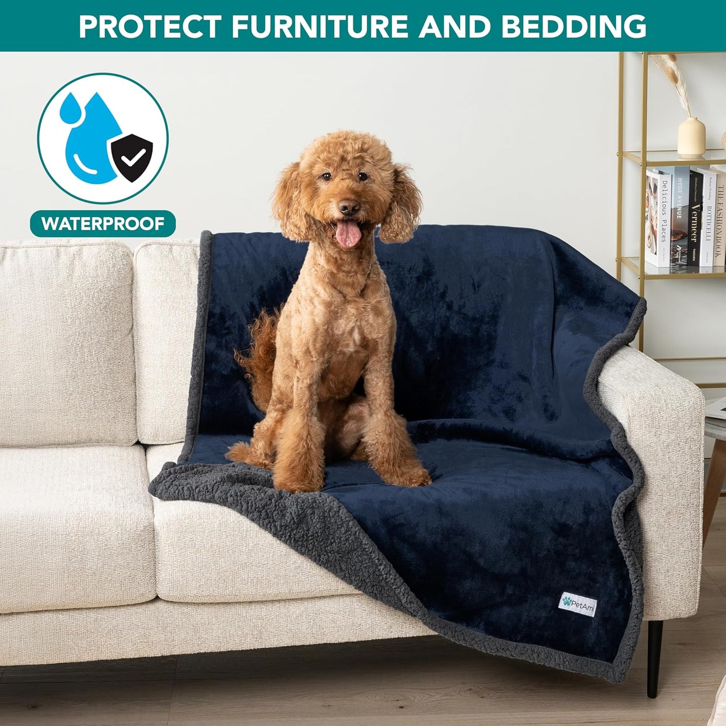 PetAmi Waterproof Dog Blanket for Couch, Large 60x40, Pee Proof Sherpa Fleece Reversible Pet Throw, Furniture Protector for Bed Sofa Kennel, Soft Washable Cover for Medium Dogs Cats, Grey Sherpa