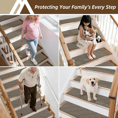 COSY HOMEER Edging Stair Treads Non-Slip Carpet Mat 28inX9in Indoor Stair Runners for Wooden Steps, Edging Stair Rugs for Kids and Dogs, 100% Polyester TPE Backing (7pc, Beige)