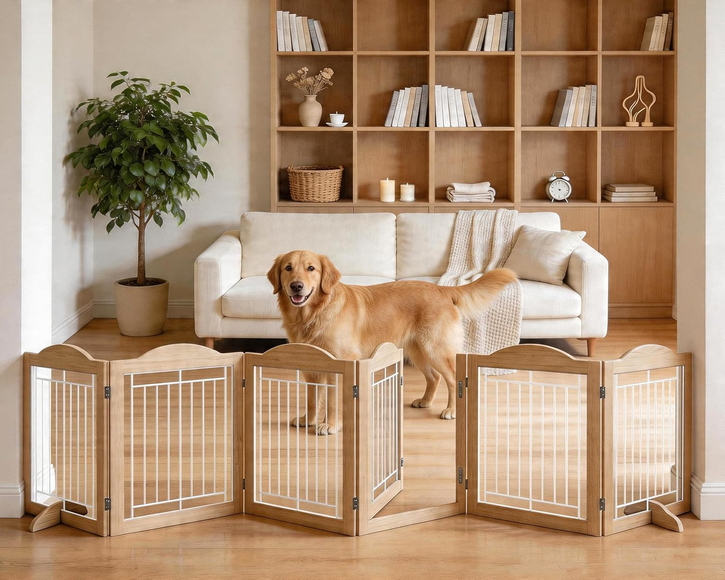 Vantas Espresso Wooden Folding Dog Gate 144" Wide x 30" Tall with Door, Freestanding Pet Gate, Pet Puppy Safety Fence