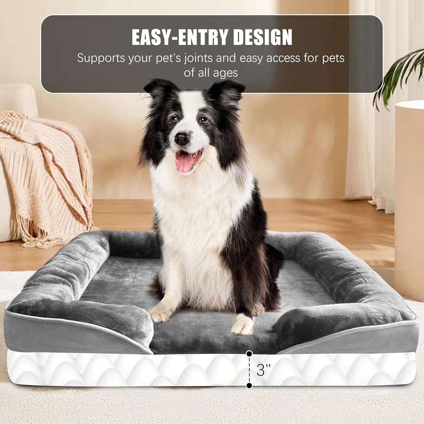Spotted Play Orthopedic Dog Bed with Sides - Dog Sofa Beds for Medium Dogs, Supportive Foam Pet Couch Bed with Washable Removable Cover, Waterproof Lining and Non-Slip Bottom, Grey - M