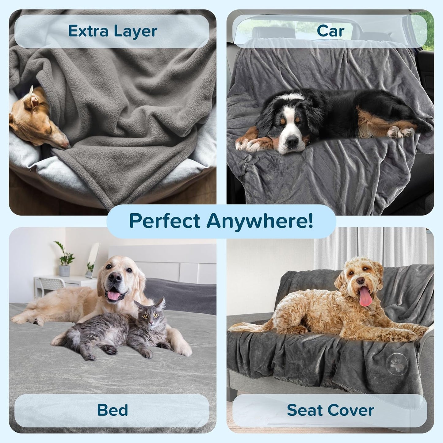 Waterproof Pet Blanket - 50x60-Inch Reversible Sherpa Fleece Throw Protects Couches, Cars, and Beds from Spills, Stains, and Fur by PETMAKER (Gray)