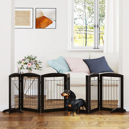 PAWLAND Free Standing Dog Gates for The House Stairs Doorways Indoor Foldable Wooden Small White Puppy Pet Gate Step Over Fence 60" W 24" H 3 Panels