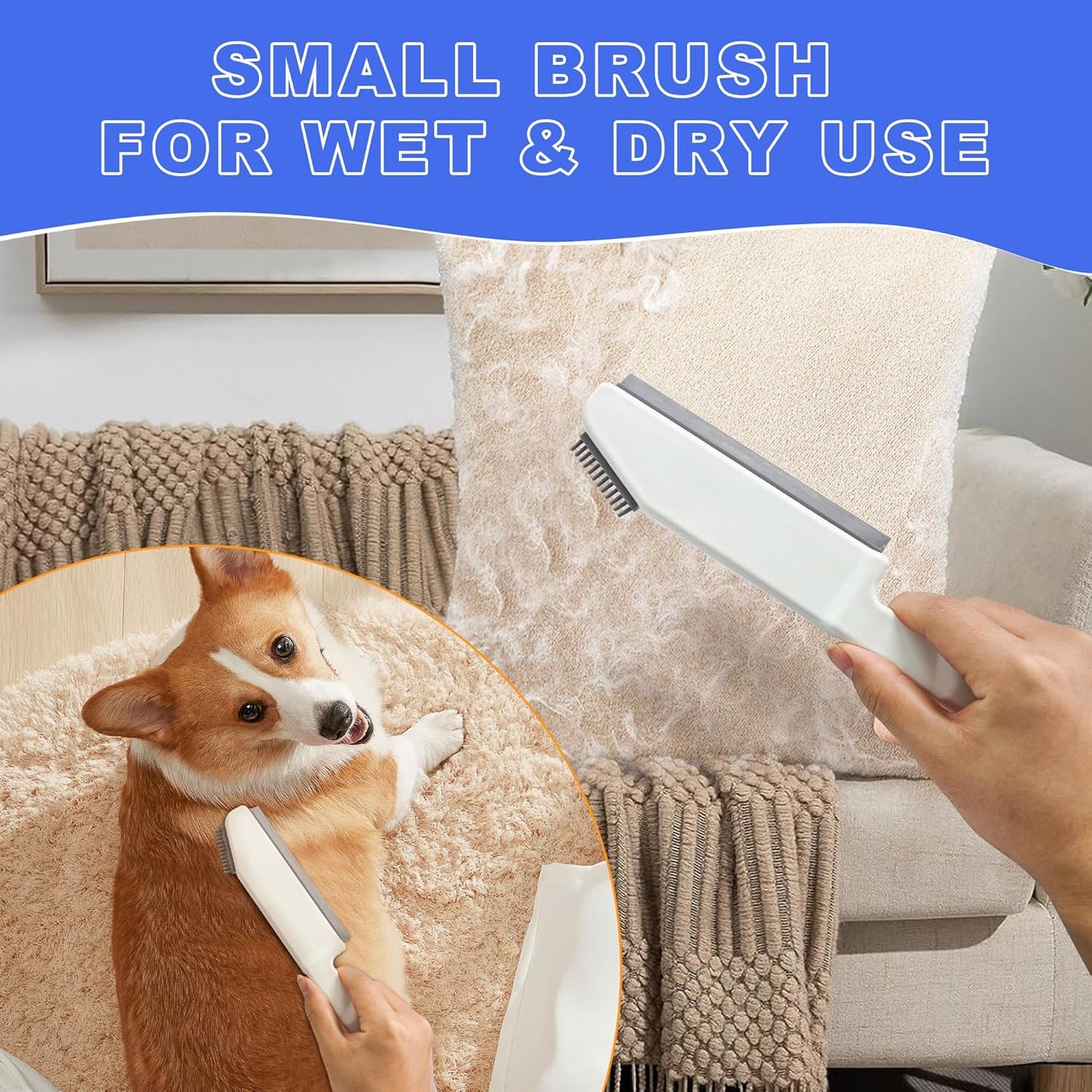 Rubber Broom Carpet Brush with Squeegee, Pet Hair Remover with 52.8 inches Long Handle, Detailing Lint Fur Removal Tool, Silicone Rug Rake for Cleaning Hardwood Floor, Tile, Window (Blue)