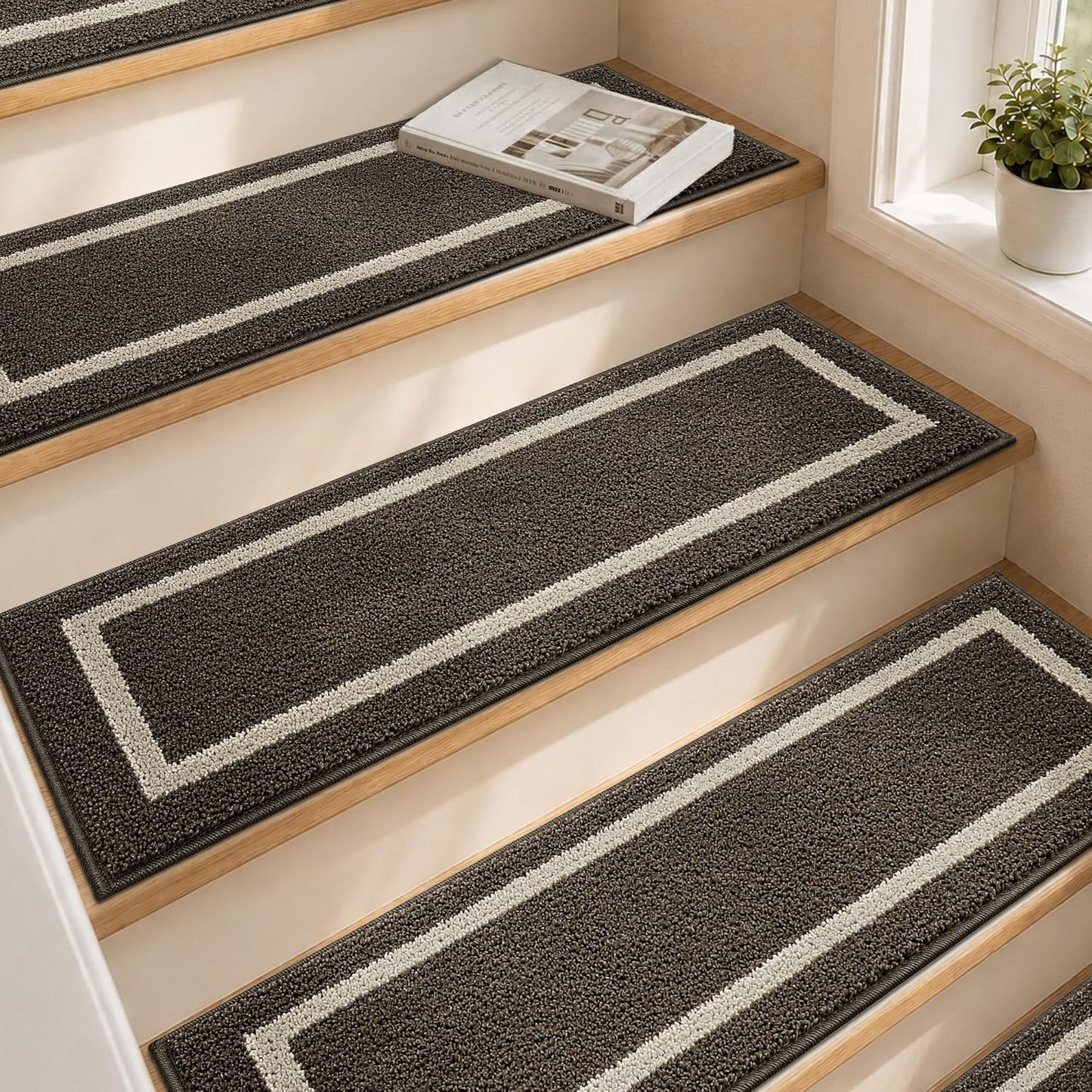 COSY HOMEER Soft Stair Treads Non-Slip Carpet Mat 28inX9in Indoor Stair Runners for Wooden Steps,Stair Rugs for Kids and Dogs, 100% Polyester TPE Backing 4pcs,Beige