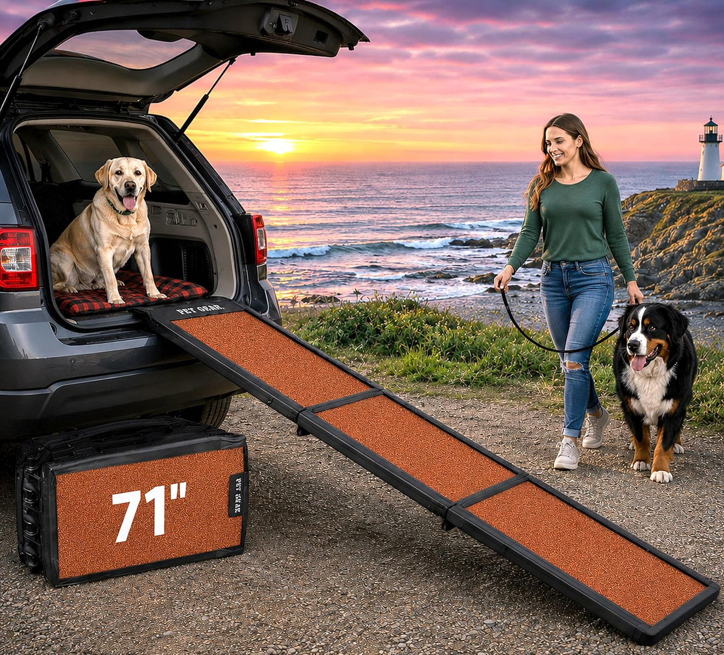 Pet Gear Travel Lite Ramps for Dogs and Cats, Compact Easy-Fold, Lightweight and Portable, Built-in Carry Handle, Supports 200lbs, Size 71" x 16", Yellow- Reflective