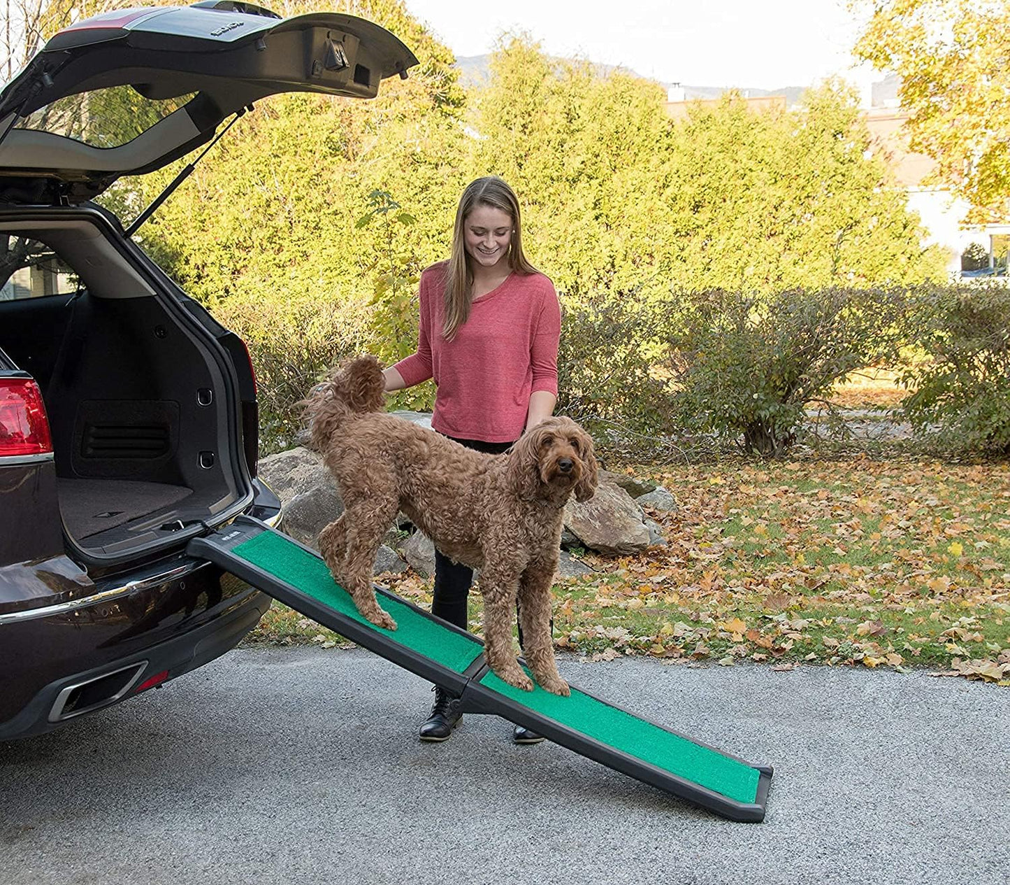 Pet Gear Travel Lite Ramps for Dogs and Cats, Compact Easy-Fold, Lightweight and Portable, Built-in Carry Handle, Supports 150lbs, Size 66" x 16", Green Trax- supertraX