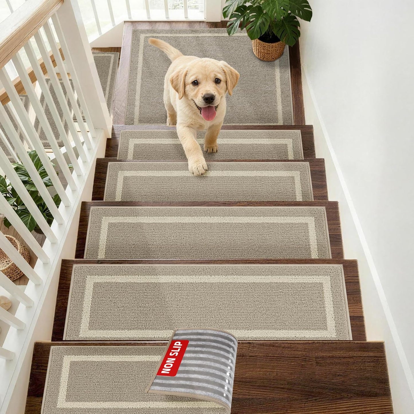 COSY HOMEER Soft Stair Treads Non-Slip Carpet Mat 28inX9in Indoor Stair Runners for Wooden Steps,Stair Rugs for Kids and Dogs, 100% Polyester TPE Backing 4pcs,Beige