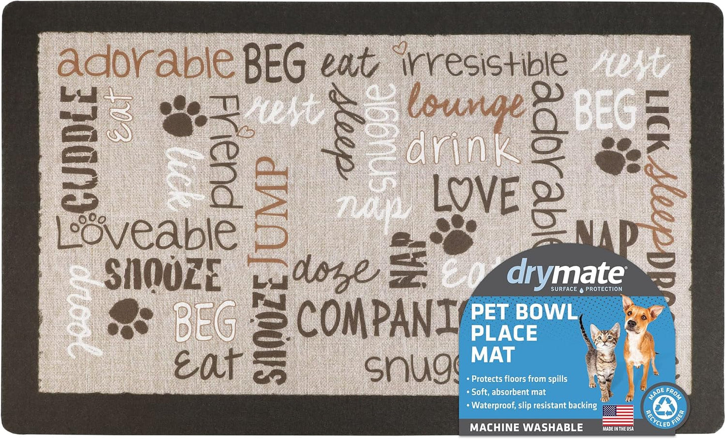 Drymate Pet Bowl Placemat, Dog & Cat Food Feeding Mat - Absorbent Fabric, Waterproof Backing, Slip-Resistant - Machine Washable/Durable (USA Made) (12” x 20”) (Indigo)