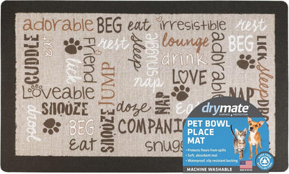 Drymate Pet Bowl Placemat, Dog & Cat Food Feeding Mat - Absorbent Fabric, Waterproof Backing, Slip-Resistant - Machine Washable/Durable (USA Made) (12” x 20”) (Indigo)