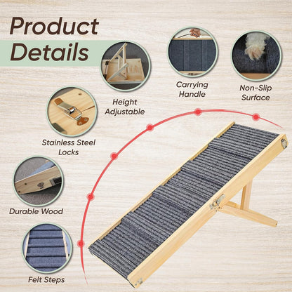 Dog Ramp for Bed – BuddyRamp Wooden Adjustable Pet Ramp 32.7” x 15.7” x 19.7”, Non-Slip Carpet Surface, Foldable & Portable, Ideal for Large, Medium and Small Dogs