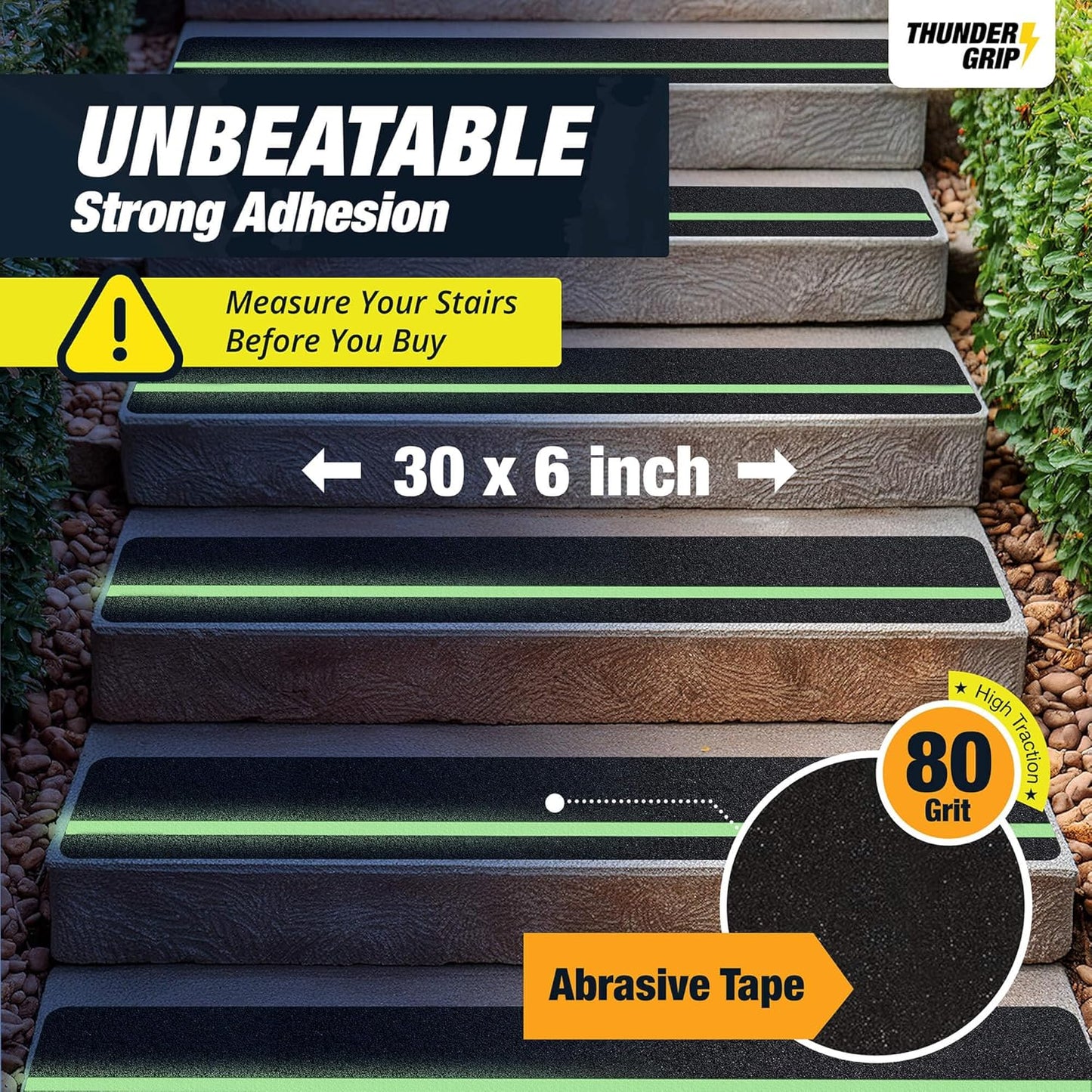 THUNDER GRIP Glow in the Dark 30" x 6"-12-Pack Weather Resistant Outdoor Stair Treads 80-Grit