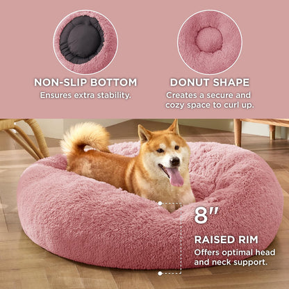 Bedsure Calming Dog Bed Medium Size Dog - Donut Washable Medium Pet Bed, 30 inches Anti-Slip Round Fluffy Plush Faux Fur Cat Bed, Fits up to 45 lbs Pets, Camel