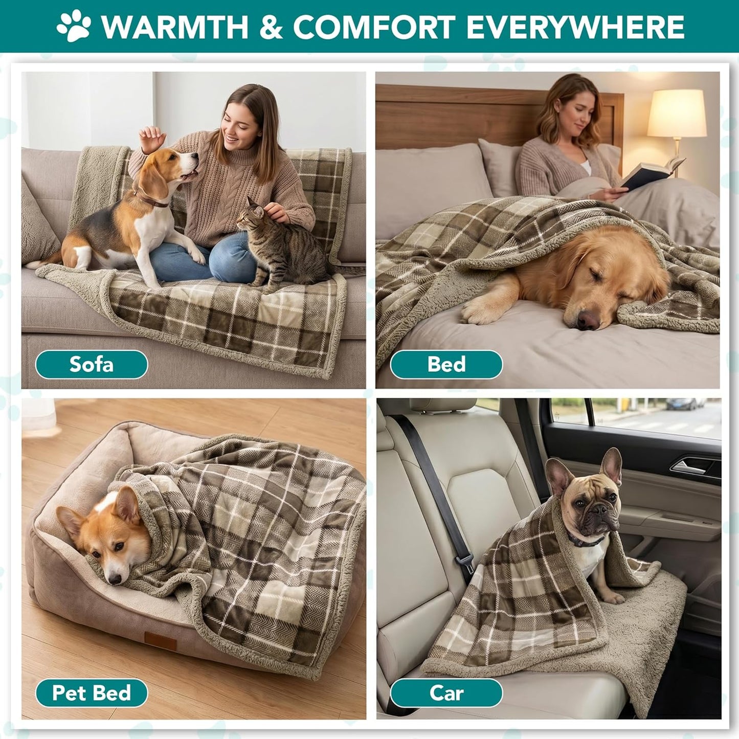 PetAmi Dog Blanket for Medium Large Dogs, Pet Bed Blanket Cat Puppy Kitten, Fleece Furniture Couch Cover Protector Sofa Car, Soft Sherpa Dog Throw Plush Reversible Washable, 40x60 Plaid Dark Gray
