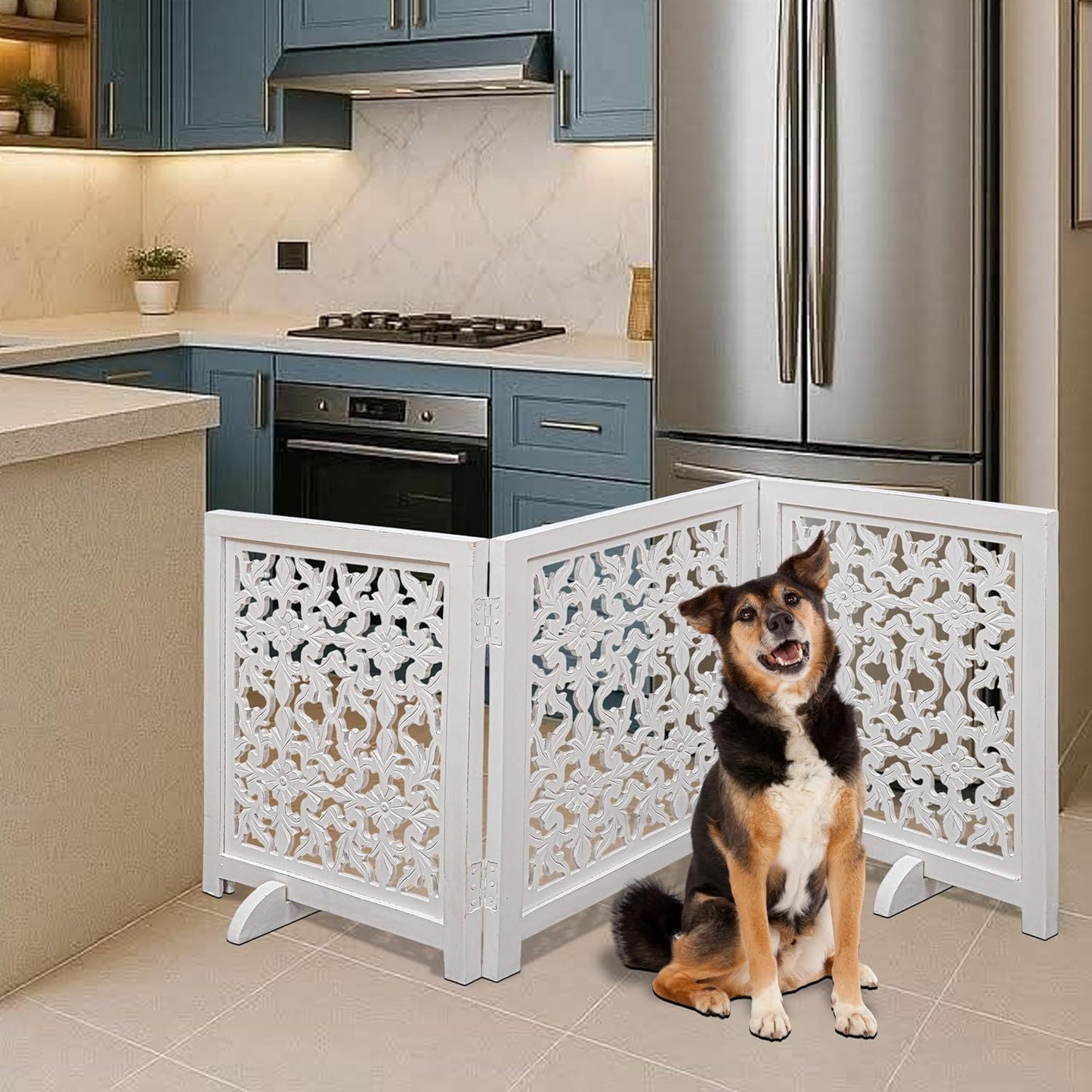 Freestanding Pet Gate for Dogs, Foldable Wooden Dog Gate for House, Indoor Dog Gate for Stair, Doorway, House Design Gates for Dogs Indoor, 72 Inch Wide, (18" x4 Panels 72 inch), Burnt Finish
