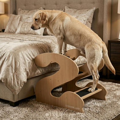Wooden Dog Stairs Steps for Bed,3Steps,Small or Senior Dogs for Pet LUNDERLAND Design,16¾"Wx23¼Dx19⅜H RedWalnutWood GrainPattern