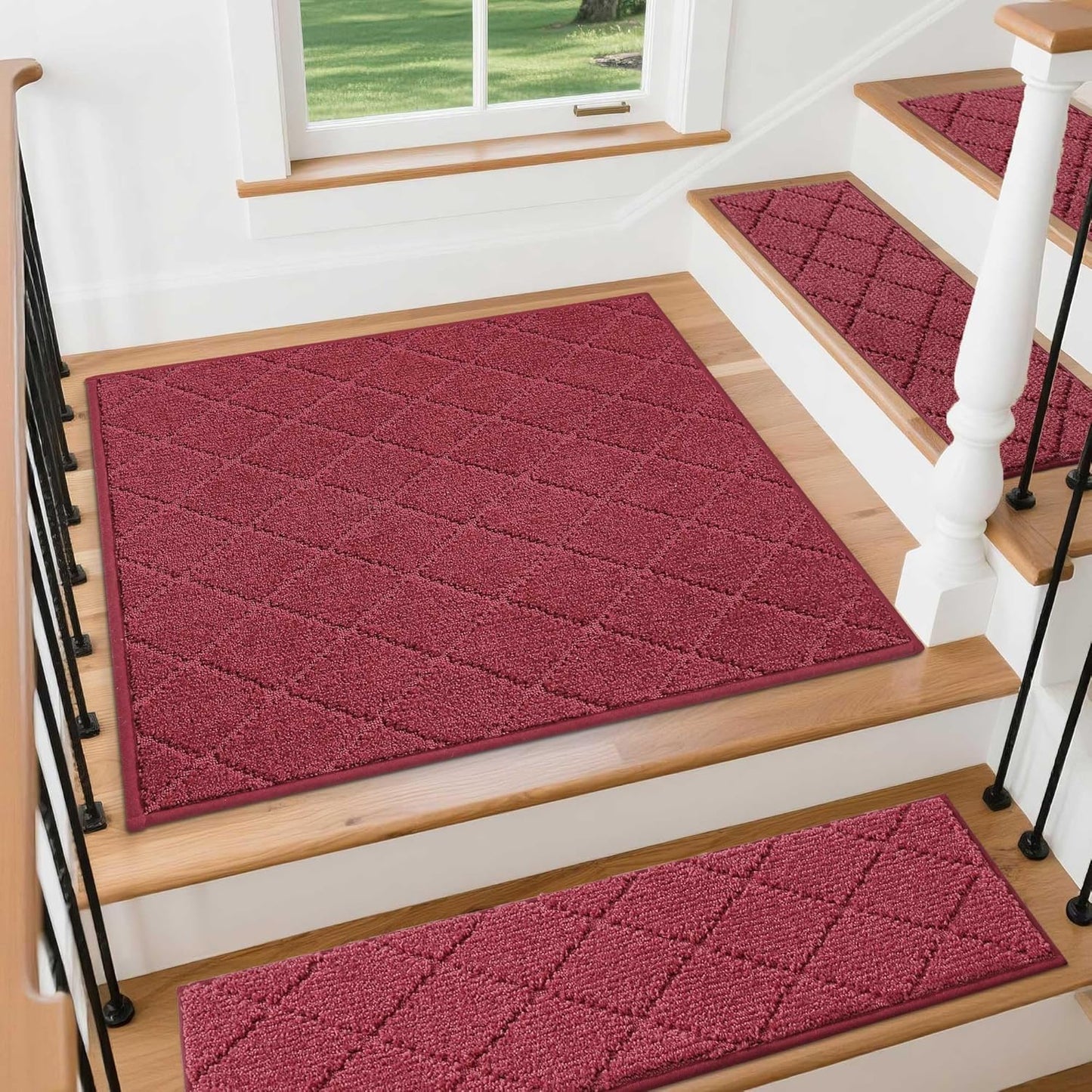 COSY HOMEER Edging Stair Treads Non-Slip Carpet Mat 28inX9in Indoor Stair Runners for Wooden Steps, Edging Stair Rugs for Kids and Dogs, 100% Polyester TPE Backing (7pc, Beige)