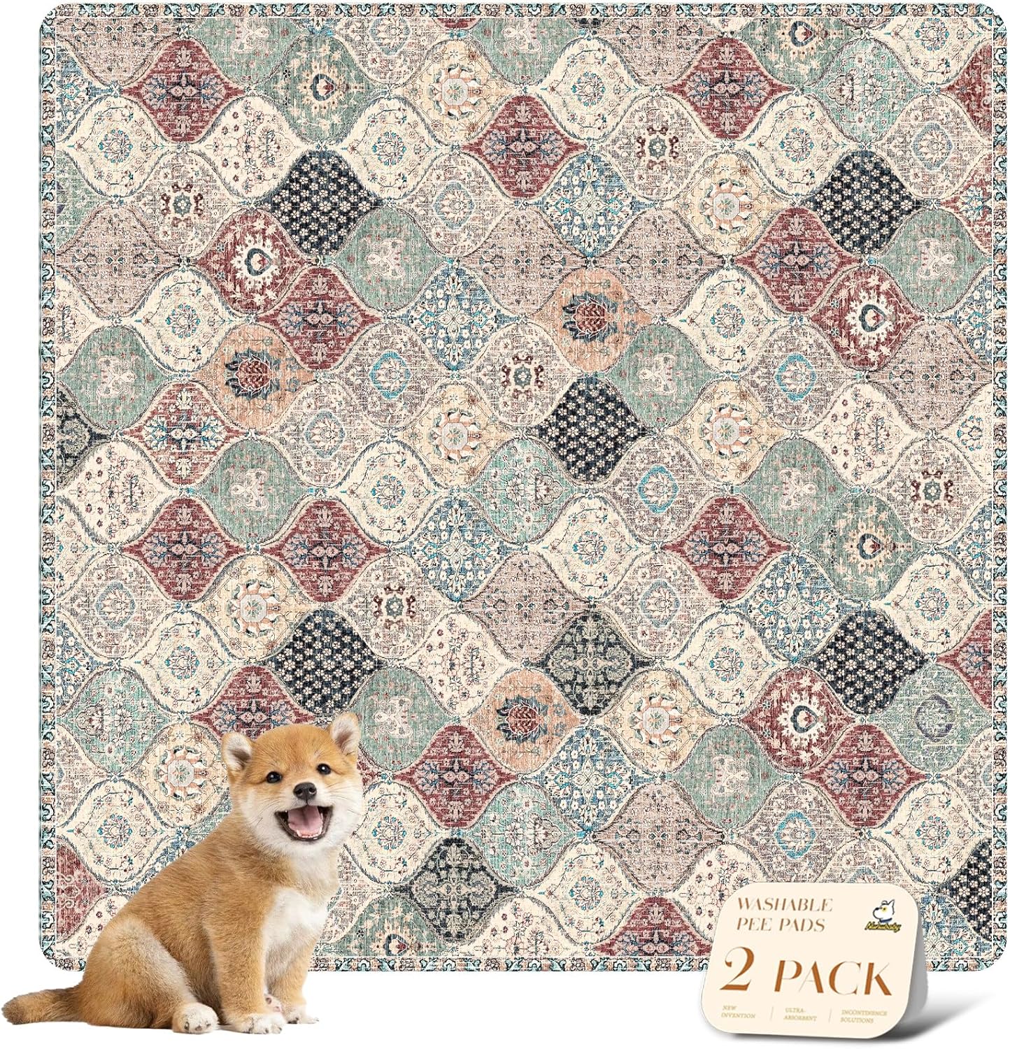 nunubaby Washable Pee Pads for Dogs, Stylish, Non-Slip and Leak-Proof Pee Pads. Reusable Potty Pads for Dogs for Crates and Floors.(Beige/Multi, 24" x48" )