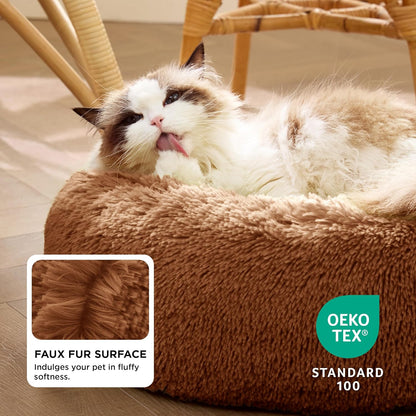 Bedsure Calming Dog Bed Medium Size Dog - Donut Washable Medium Pet Bed, 30 inches Anti-Slip Round Fluffy Plush Faux Fur Cat Bed, Fits up to 45 lbs Pets, Camel