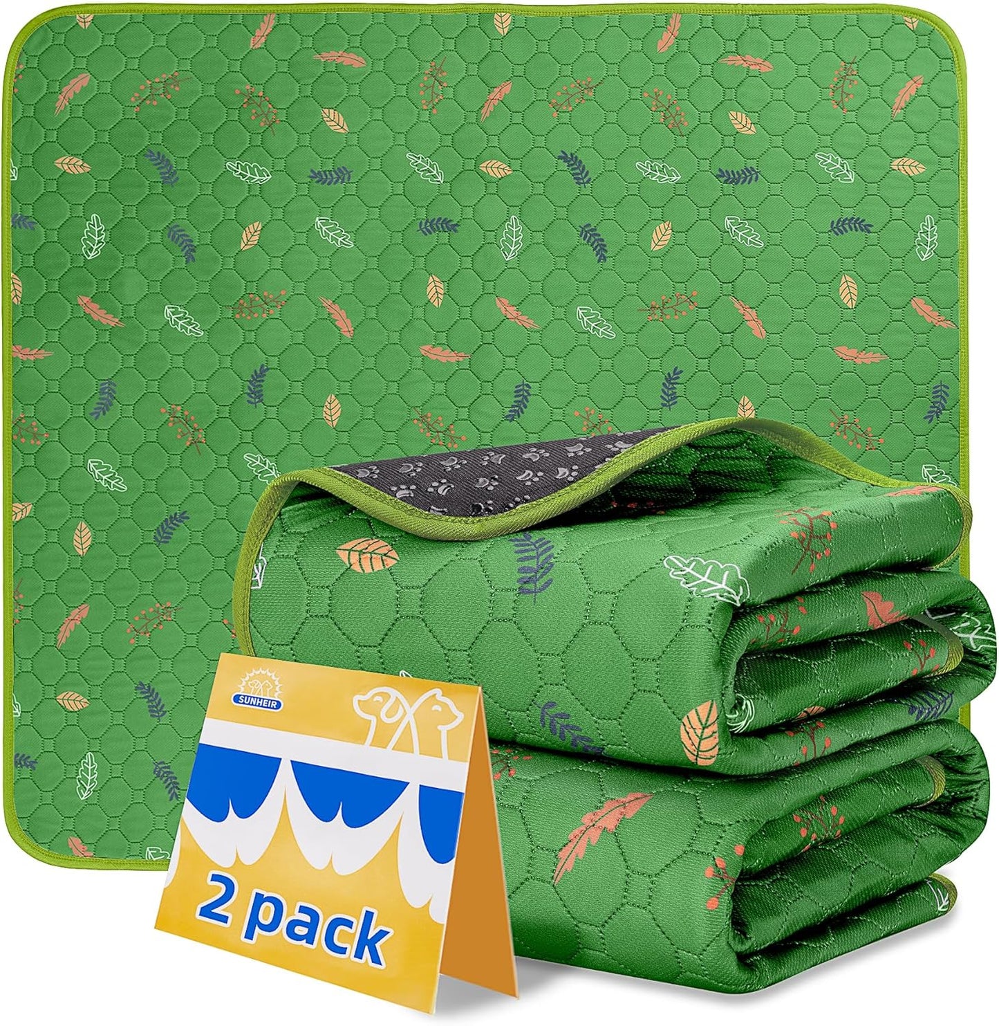 Sunheir Washable Pee Pads for Dogs Large 48" x 48" 2-Pack Reusable Puppy Pads Pet Training Pads, Absorb Dog Mats, Whelping Pad, Non-Slip Protects Against Urine Leakage (Leaves - Deep Grey, 48x48)