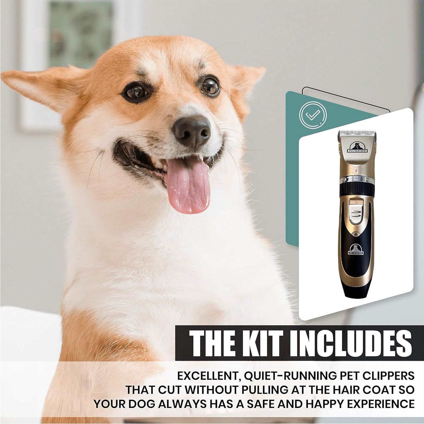 Pet Union Professional Dog Grooming Kit - Cordless Low Noise Dog Clippers for Grooming Thick Coats - All Pet Safe Cat Hair Trimmer - Pet Grooming Kit Includes Dog Hair Clippers, Nail Trimmer & Shears