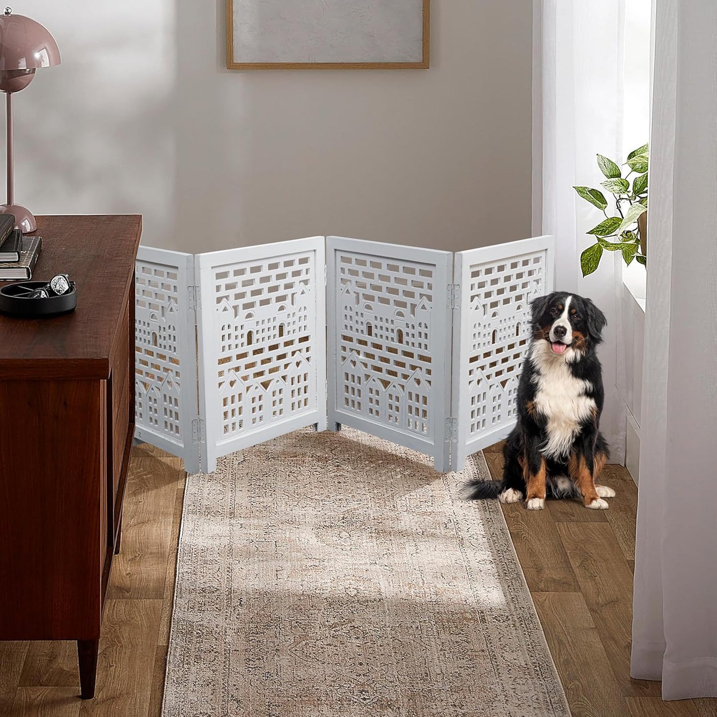 Freestanding Pet Gate for Dogs, Foldable Wooden Dog Gate for House, Indoor Dog Gate for Stair, Doorway, House Design Gates for Dogs Indoor, 72 Inch Wide, (18" x4 Panels 72 inch), Burnt Finish