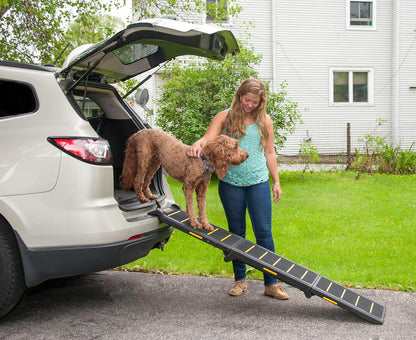Pet Gear Travel Lite Ramps for Dogs and Cats, Compact Easy-Fold, Lightweight and Portable, Built-in Carry Handle, Supports 200lbs, Size 71" x 16", Yellow- Reflective