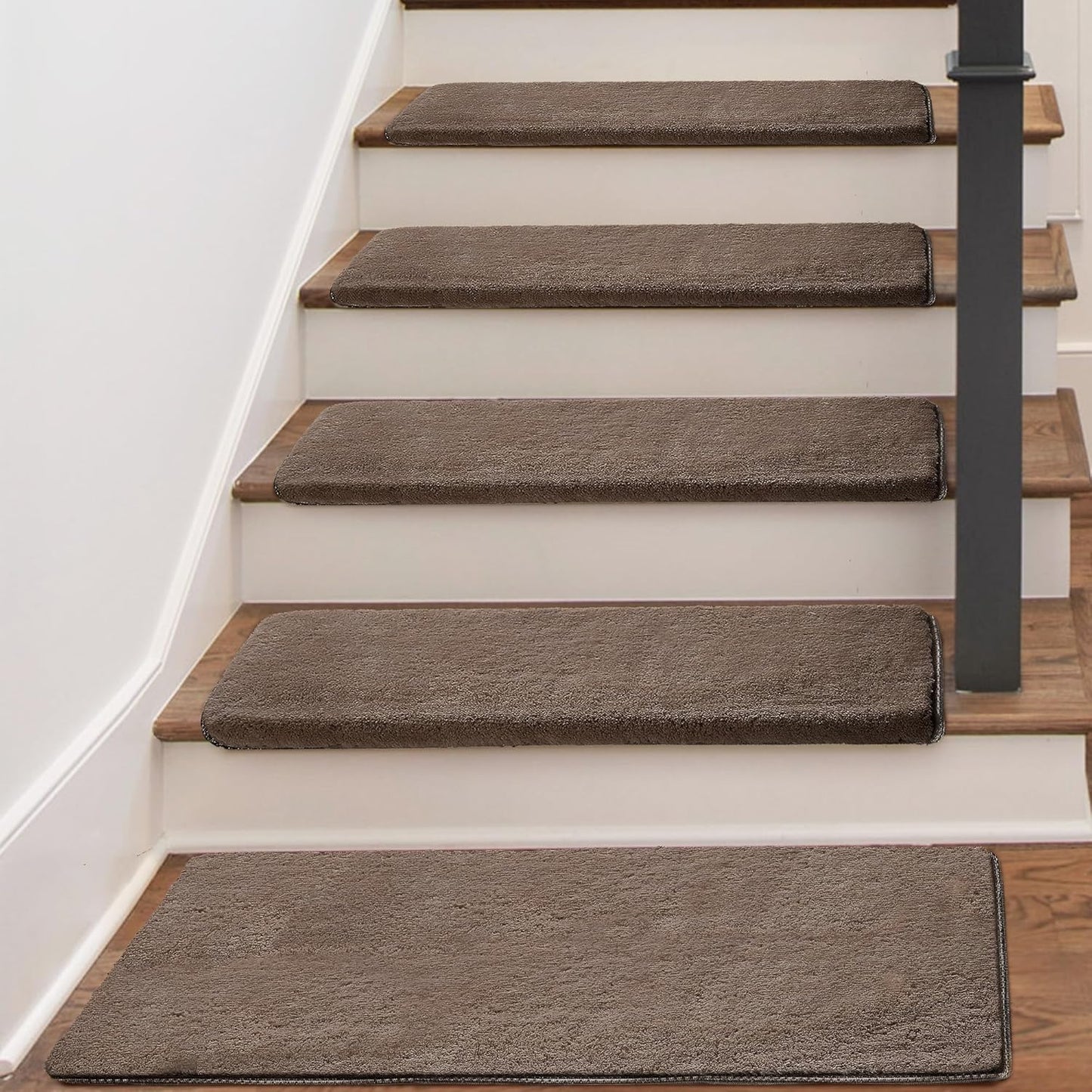 PURE ERA Carpet Stair Treads Ultra Plush 9.5" X 30"Soft Bullnose Indoor Stair Protectors Pet-Friendly Non-Slip Skid Resistant Tape Free Washable Reusable(14 Pieces, Cream Gray)