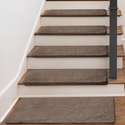 PURE ERA Carpet Stair Treads Ultra Plush 9.5" X 30"Soft Bullnose Indoor Stair Protectors Pet-Friendly Non-Slip Skid Resistant Tape Free Washable Reusable(14 Pieces, Cream Gray)