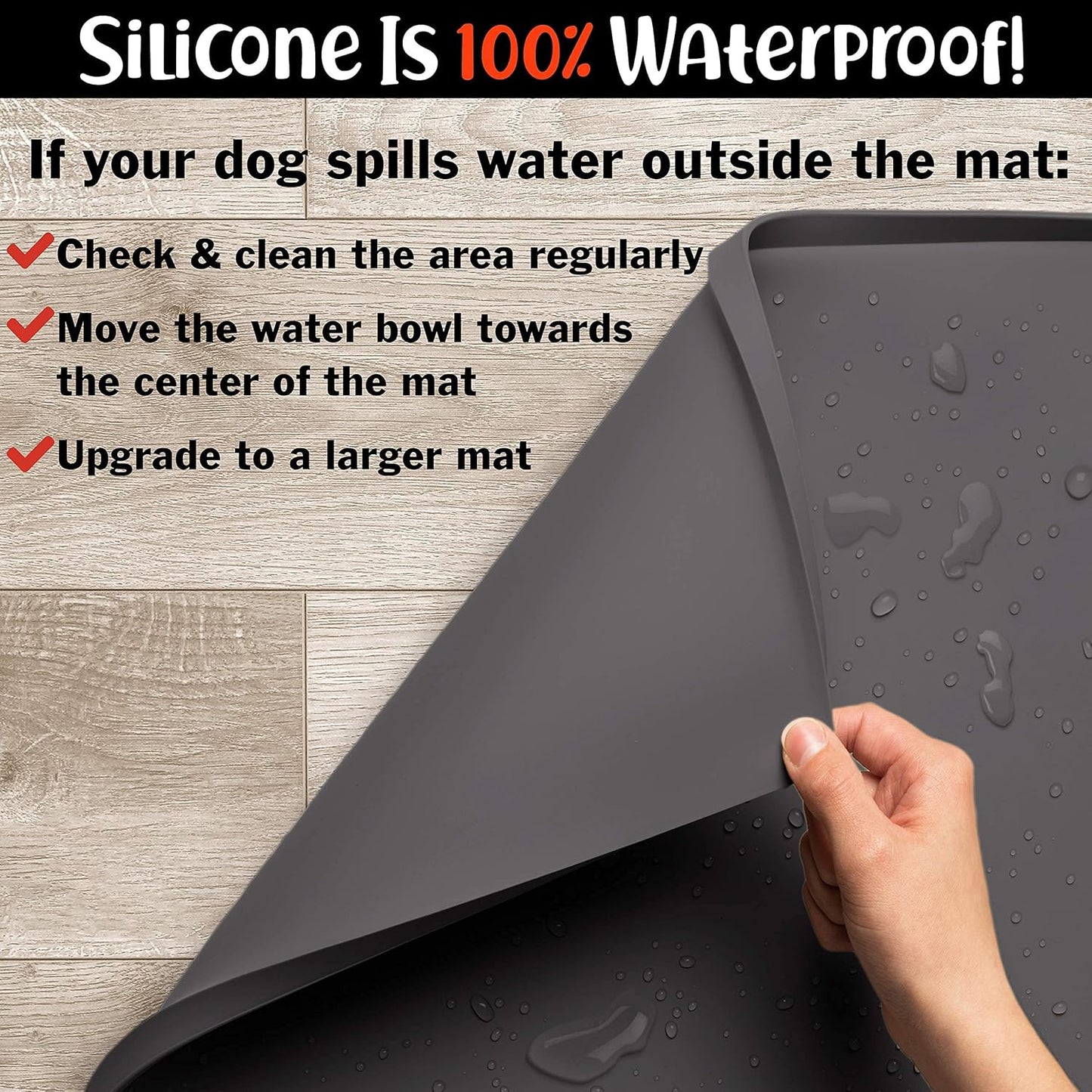 DogBuddy Dog Food Mat – Waterproof Dog Bowl Mat for Food and Water, Silicone Pet Feeding Mats for Floors, Non-Slip Placemat with High Edges for Dogs Bowls, Puppy Essentials (L: 24" x 16", Shadow)