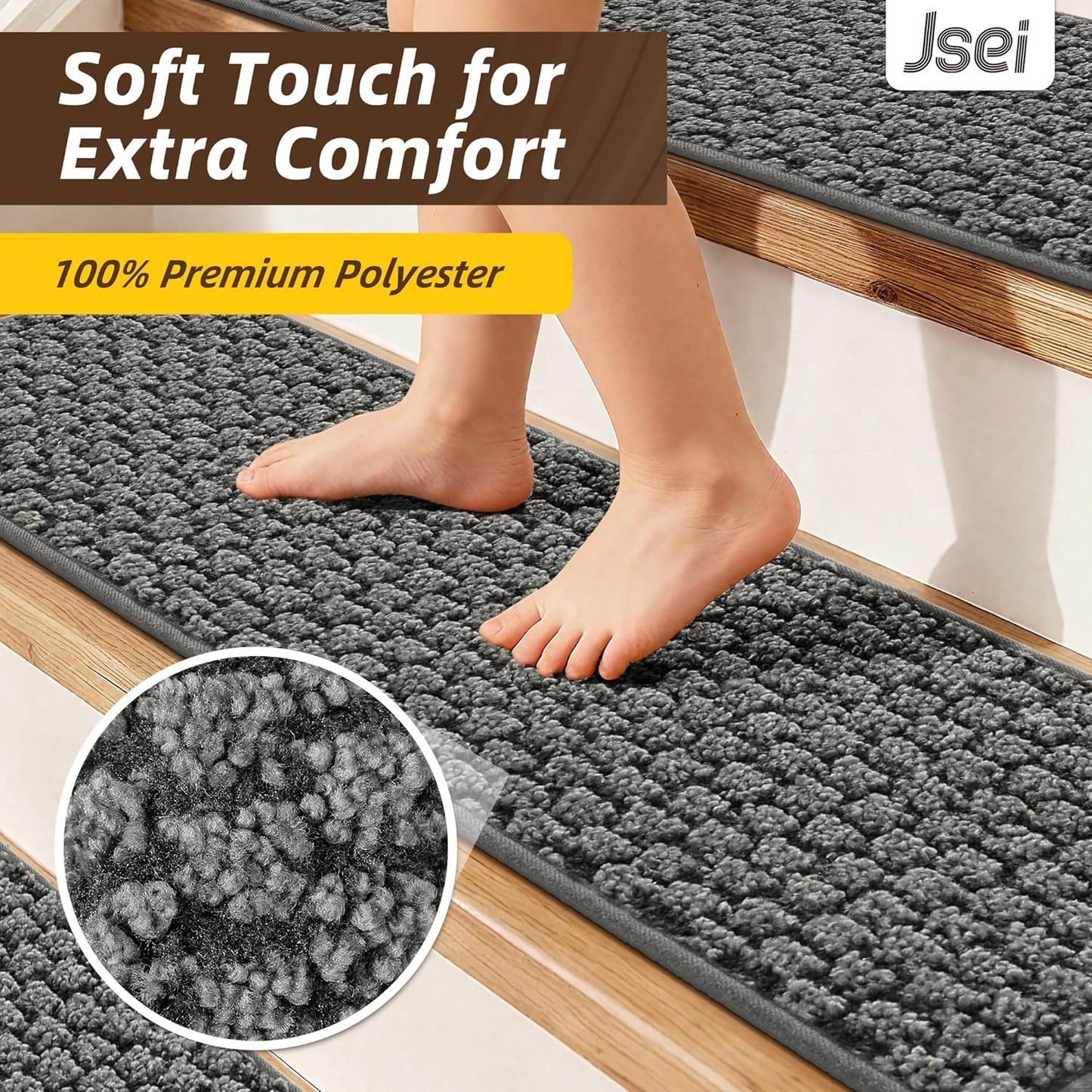JSEI Stair Treads for Wooden Steps, 14 Pack 9" X 28" Non-Slip Machine Washable Carpet Stair Treads with TPE Backing, Soft Indoor Stair Rug Runner for Kids Elders & Pets, 100% Polyester, Greyish Brown