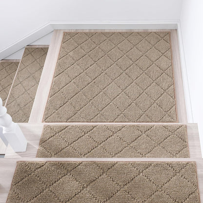 COSY HOMEER Edging Stair Treads Non-Slip Carpet Mat 28inX9in Indoor Stair Runners for Wooden Steps, Edging Stair Rugs for Kids and Dogs, 100% Polyester TPE Backing (7pc, Beige)