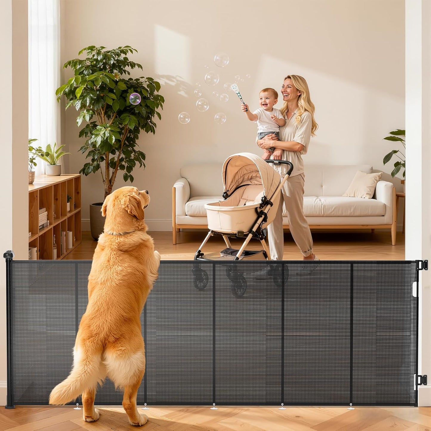Retractable Baby Gate for Stairs, 42" Tall X 200" Wide Mesh Dog Gate Indoor, Child Gate for Doorways, Hallways, Deck, Indoor Outdoor Pet Baby Safety Essentials for Home, Black