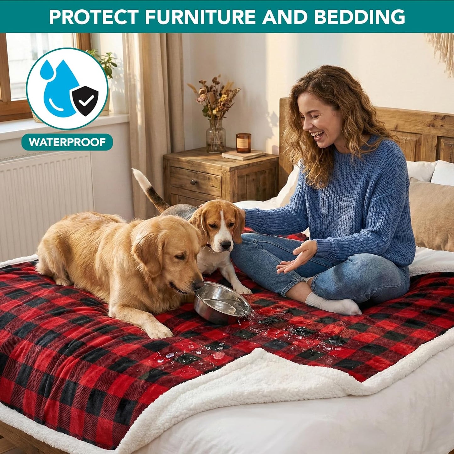 PetAmi Waterproof Dog Blanket for Couch, Large 60x40, Pee Proof Sherpa Fleece Reversible Pet Throw, Furniture Protector for Bed Sofa Kennel, Soft Washable Cover for Medium Dogs Cats, Grey Sherpa