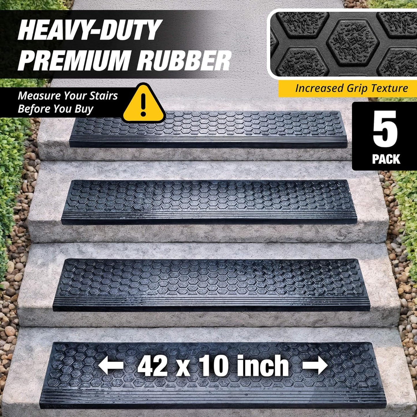 Rubber Stair Treads Outdoor 48"x10" 4-Pack - Heavy-Duty Outdoor Stair Treads Non-Slip Weather Resistant - Exterior Rubber Mats for Wooden Steps - Anti Slip Step Covers by Thunder Grip