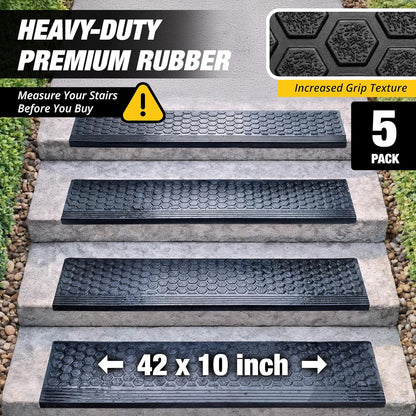 Rubber Stair Treads Outdoor 48"x10" 4-Pack - Heavy-Duty Outdoor Stair Treads Non-Slip Weather Resistant - Exterior Rubber Mats for Wooden Steps - Anti Slip Step Covers by Thunder Grip