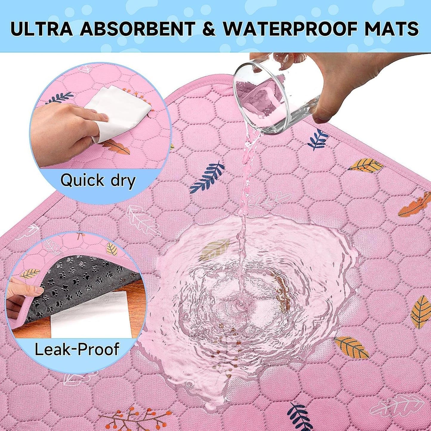 Sunheir Washable Pee Pads for Dogs Large 48" x 48" 2-Pack Reusable Puppy Pads Pet Training Pads, Absorb Dog Mats, Whelping Pad, Non-Slip Protects Against Urine Leakage (Leaves - Deep Grey, 48x48)
