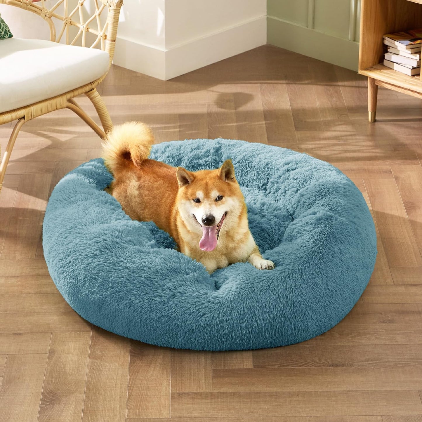 Bedsure Calming Dog Bed Medium Size Dog - Donut Washable Medium Pet Bed, 30 inches Anti-Slip Round Fluffy Plush Faux Fur Cat Bed, Fits up to 45 lbs Pets, Camel