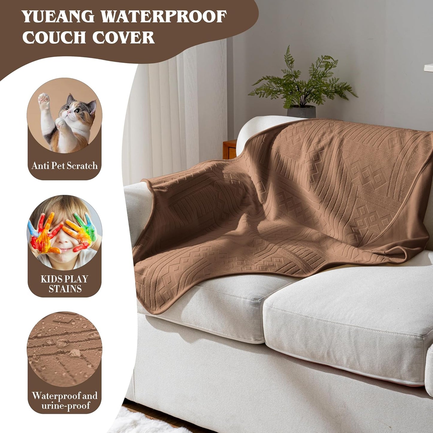 Waterproof Couch Cover, Reversible, Pet-Friendly, Washable and Anti-Slip Couch Covers for Sofa Protection with 3 Cushions, Sofa Slipcovers for Dogs and Cats (71×118in/Brown)