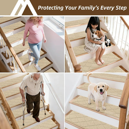 COSY HOMEER Edging Stair Treads Non-Slip Carpet Mat 28inX9in Indoor Stair Runners for Wooden Steps, Edging Stair Rugs for Kids and Dogs, 100% Polyester TPE Backing (7pc, Beige)