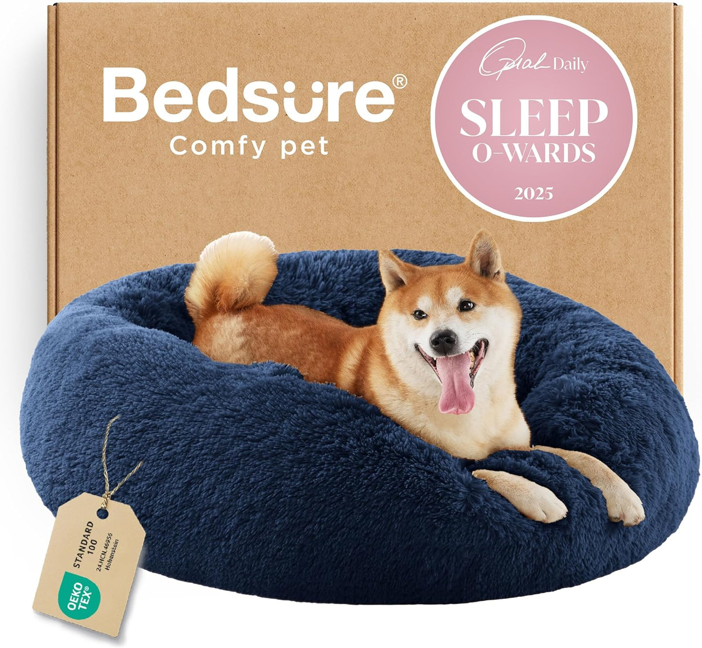 Bedsure Calming Dog Bed Medium Size Dog - Donut Washable Medium Pet Bed, 30 inches Anti-Slip Round Fluffy Plush Faux Fur Cat Bed, Fits up to 45 lbs Pets, Camel