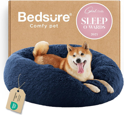 Bedsure Calming Dog Bed Medium Size Dog - Donut Washable Medium Pet Bed, 30 inches Anti-Slip Round Fluffy Plush Faux Fur Cat Bed, Fits up to 45 lbs Pets, Camel
